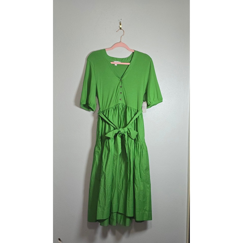 Time and Tru Women Green Mixed Media Tiered Midi Dress XL Short Puff Sleeve NWT